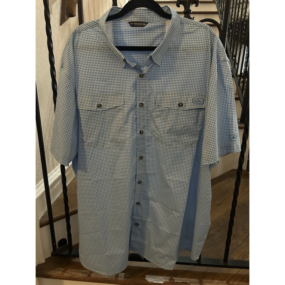 Men's Size 2XL Drake Gingham Checked Fishing Shirt Short Sleeves Blue